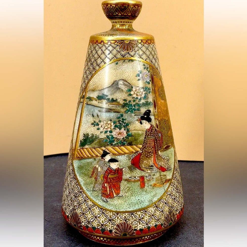 Japanese Meiji Satsuma Vase w/ Fine Decorations - People & Mountains, Signed